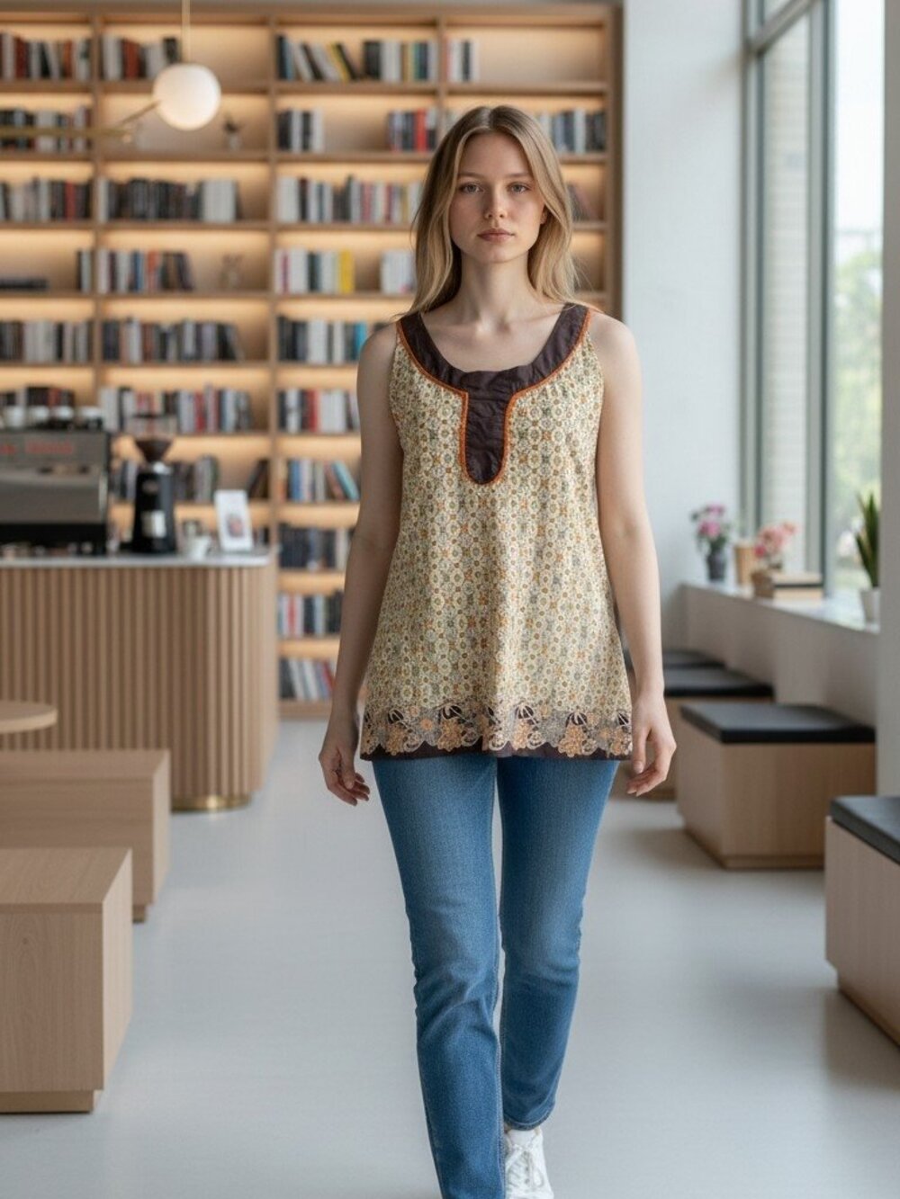 EUC JENNIFER & GRACE ( MED ) Printed Bohemian Blouse Yoke Floral Embroidery